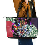 Personalized Melbourne Football Demons Leather Tote Bag Tropical Hibiscus Flowers - Pacific Fusion Style