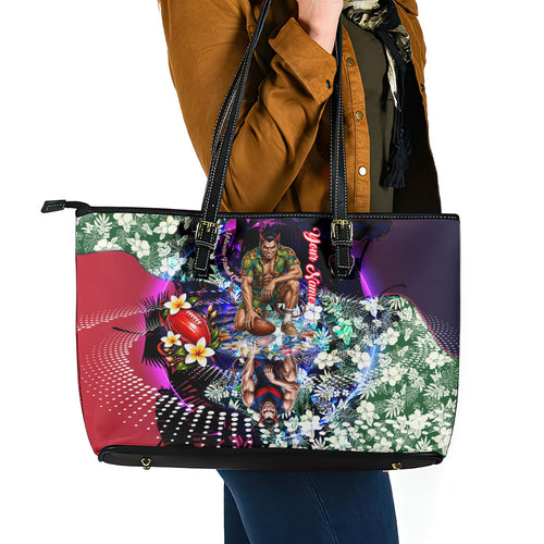 Personalized Melbourne Football Demons Leather Tote Bag Tropical Hibiscus Flowers - Pacific Fusion Style