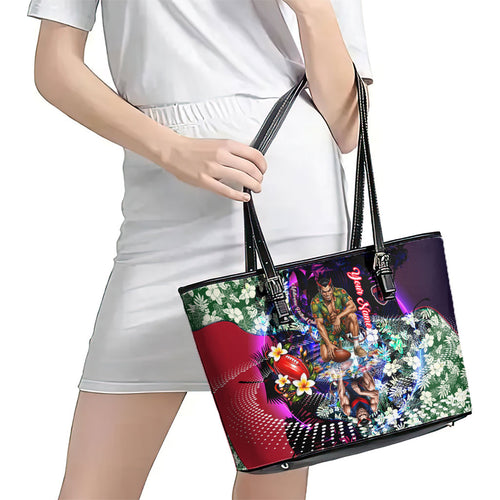 Personalized Melbourne Football Demons Leather Tote Bag Tropical Hibiscus Flowers - Pacific Fusion Style