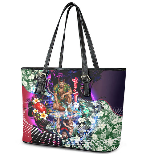 Personalized Melbourne Football Demons Leather Tote Bag Tropical Hibiscus Flowers - Pacific Fusion Style