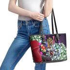 Personalized Melbourne Football Demons Leather Tote Bag Tropical Hibiscus Flowers - Pacific Fusion Style