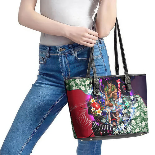 Personalized Melbourne Football Demons Leather Tote Bag Tropical Hibiscus Flowers - Pacific Fusion Style