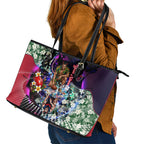 Personalized Melbourne Football Demons Leather Tote Bag Tropical Hibiscus Flowers - Pacific Fusion Style
