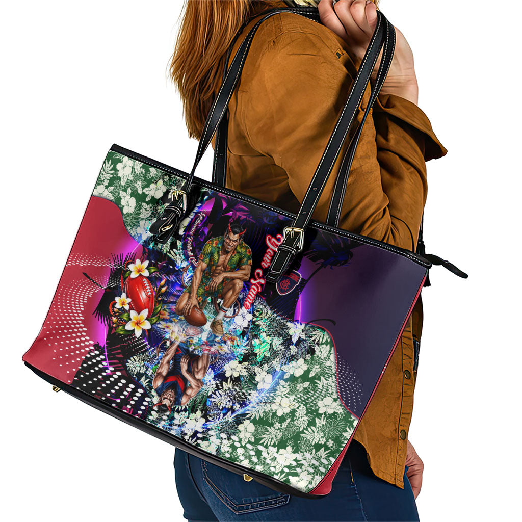 Personalized Melbourne Football Demons Leather Tote Bag Tropical Hibiscus Flowers - Pacific Fusion Style