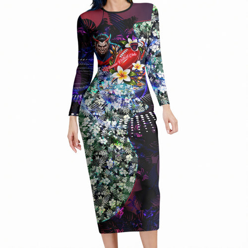 Personalized Melbourne Football Demons Long Sleeve Bodycon Dress Tropical Hibiscus Flowers - Pacific Fusion Style