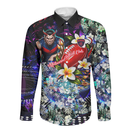 Personalized Melbourne Football Demons Long Sleeve Button Shirt Tropical Hibiscus Flowers - Pacific Fusion Style