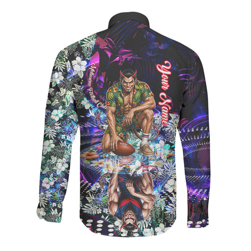 Personalized Melbourne Football Demons Long Sleeve Button Shirt Tropical Hibiscus Flowers - Pacific Fusion Style
