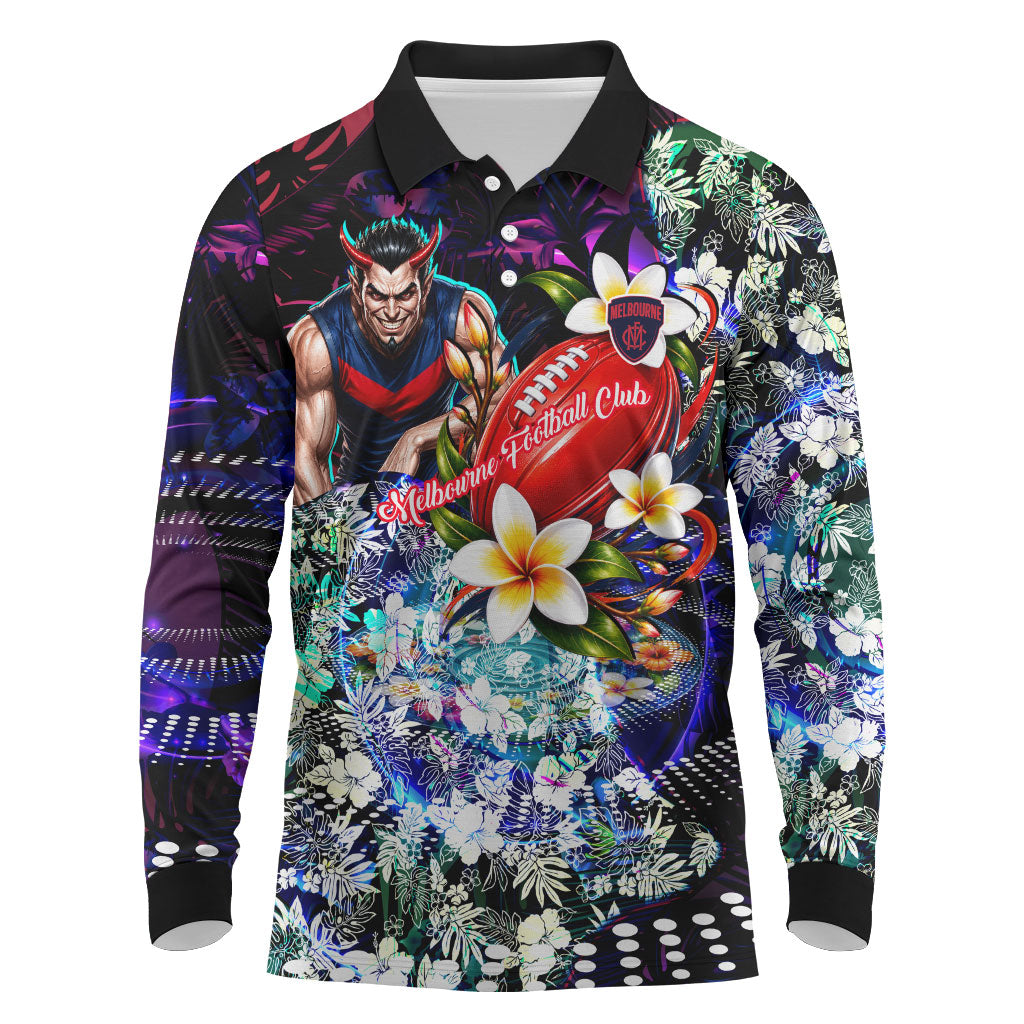 Personalized Melbourne Football Demons Long Sleeve Polo Shirt Tropical Hibiscus Flowers - Pacific Fusion Style