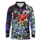 Personalized Melbourne Football Demons Long Sleeve Polo Shirt Tropical Hibiscus Flowers - Pacific Fusion Style
