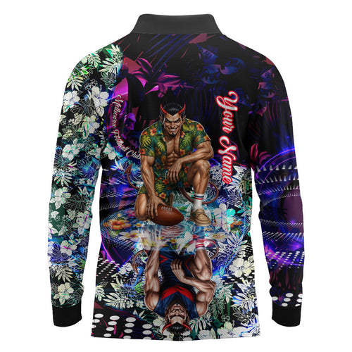 Personalized Melbourne Football Demons Long Sleeve Polo Shirt Tropical Hibiscus Flowers - Pacific Fusion Style
