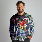Personalized Melbourne Football Demons Long Sleeve Polo Shirt Tropical Hibiscus Flowers - Pacific Fusion Style