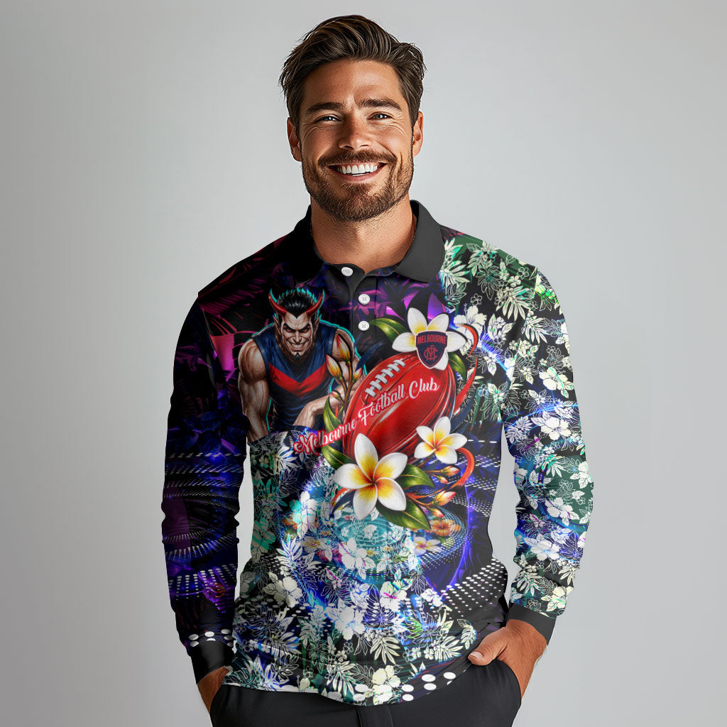 Personalized Melbourne Football Demons Long Sleeve Polo Shirt Tropical Hibiscus Flowers - Pacific Fusion Style