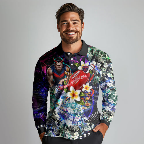 Personalized Melbourne Football Demons Long Sleeve Polo Shirt Tropical Hibiscus Flowers - Pacific Fusion Style