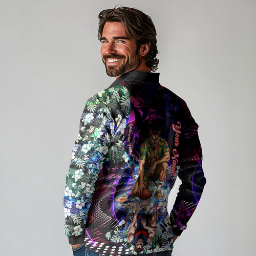 Personalized Melbourne Football Demons Long Sleeve Polo Shirt Tropical Hibiscus Flowers - Pacific Fusion Style