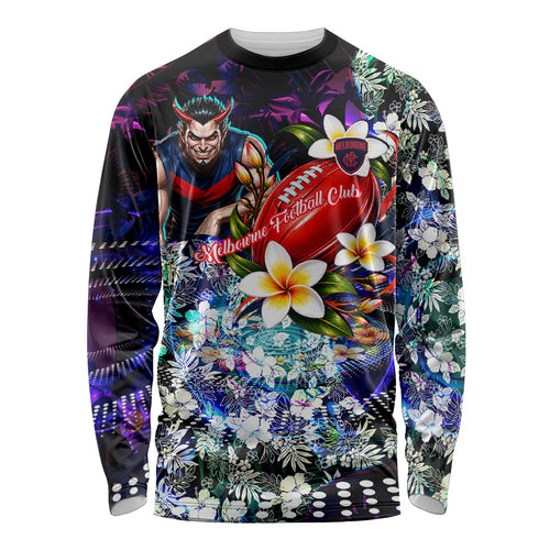 Personalized Melbourne Football Demons Long Sleeve Shirt Tropical Hibiscus Flowers - Pacific Fusion Style