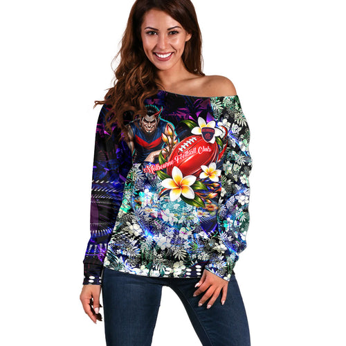 Personalized Melbourne Football Demons Off Shoulder Sweater Tropical Hibiscus Flowers - Pacific Fusion Style
