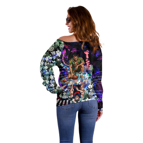 Personalized Melbourne Football Demons Off Shoulder Sweater Tropical Hibiscus Flowers - Pacific Fusion Style