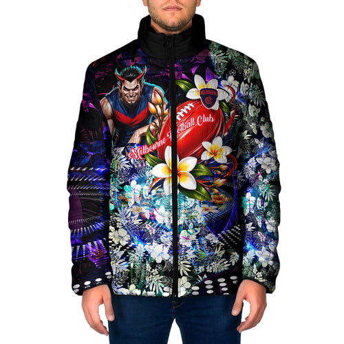 Personalized Melbourne Football Demons Padded Jacket Tropical Hibiscus Flowers - Pacific Fusion Style