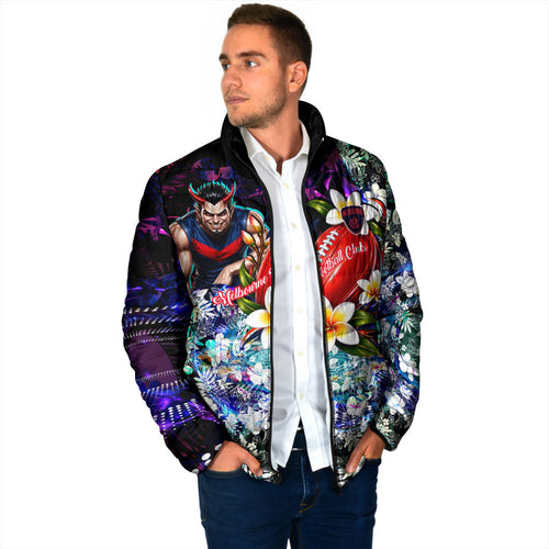 Personalized Melbourne Football Demons Padded Jacket Tropical Hibiscus Flowers - Pacific Fusion Style