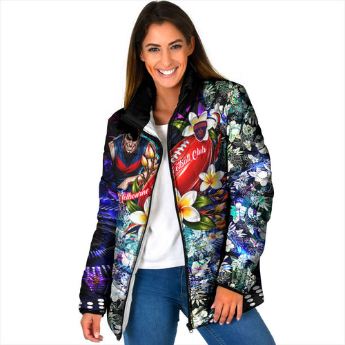 Personalized Melbourne Football Demons Padded Jacket Tropical Hibiscus Flowers - Pacific Fusion Style