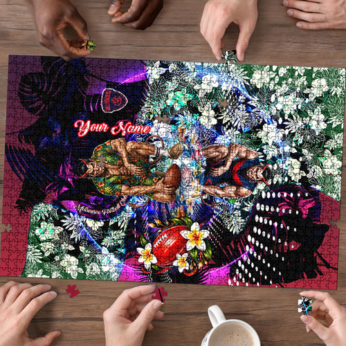 Personalized Melbourne Football Demons Puzzle Tropical Hibiscus Flowers - Pacific Fusion Style