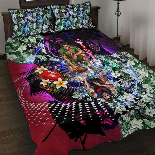 Personalized Melbourne Football Demons Quilt Bed Set Tropical Hibiscus Flowers - Pacific Fusion Style