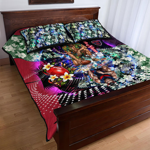 Personalized Melbourne Football Demons Quilt Bed Set Tropical Hibiscus Flowers - Pacific Fusion Style