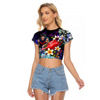 Personalized Melbourne Football Demons Raglan Cropped T Shirt Tropical Hibiscus Flowers - Pacific Fusion Style