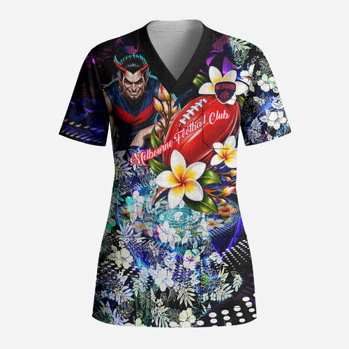 Personalized Melbourne Football Demons Scrub Top Tropical Hibiscus Flowers - Pacific Fusion Style