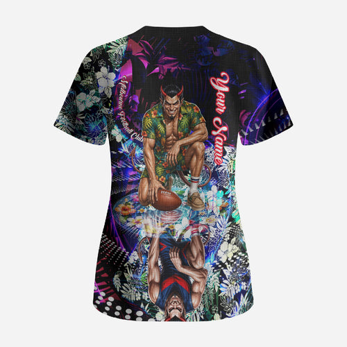 Personalized Melbourne Football Demons Scrub Top Tropical Hibiscus Flowers - Pacific Fusion Style