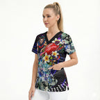 Personalized Melbourne Football Demons Scrub Top Tropical Hibiscus Flowers - Pacific Fusion Style