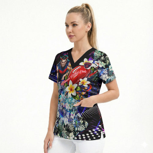 Personalized Melbourne Football Demons Scrub Top Tropical Hibiscus Flowers - Pacific Fusion Style