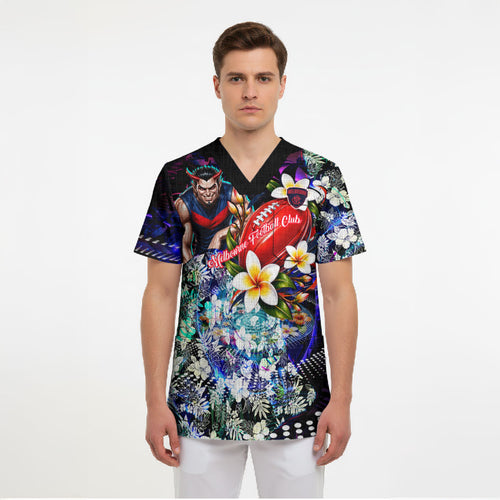 Personalized Melbourne Football Demons Scrub Top Tropical Hibiscus Flowers - Pacific Fusion Style