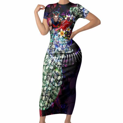 Personalized Melbourne Football Demons Short Sleeve Bodycon Dress Tropical Hibiscus Flowers - Pacific Fusion Style