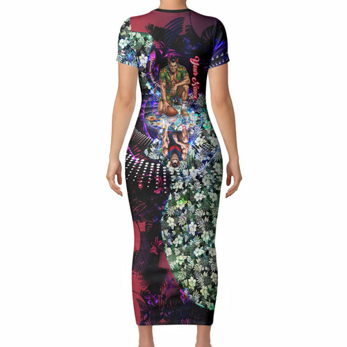 Personalized Melbourne Football Demons Short Sleeve Bodycon Dress Tropical Hibiscus Flowers - Pacific Fusion Style