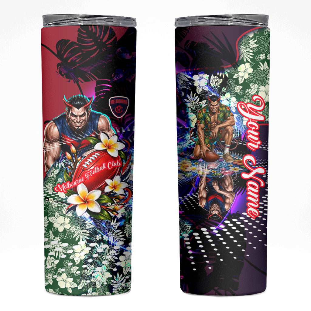 Personalized Melbourne Football Demons Skinny Tumbler Tropical Hibiscus Flowers - Pacific Fusion Style