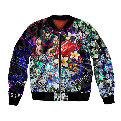 Personalized Melbourne Football Demons Sleeve Zip Bomber Jacket Tropical Hibiscus Flowers - Pacific Fusion Style