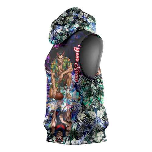 Personalized Melbourne Football Demons Sleeveless Hoodie Tropical Hibiscus Flowers - Pacific Fusion Style