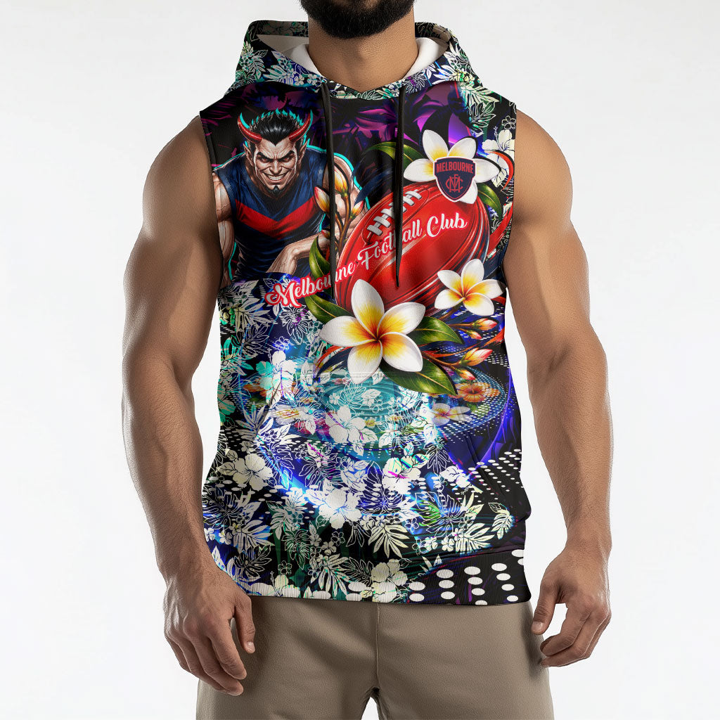 Personalized Melbourne Football Demons Sleeveless Hoodie Tropical Hibiscus Flowers - Pacific Fusion Style