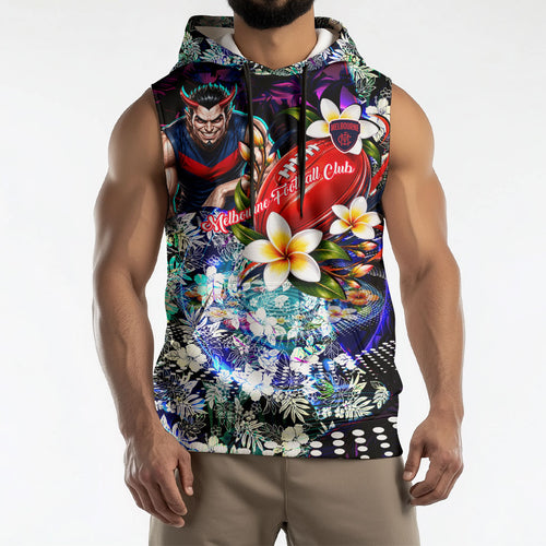 Personalized Melbourne Football Demons Sleeveless Hoodie Tropical Hibiscus Flowers - Pacific Fusion Style