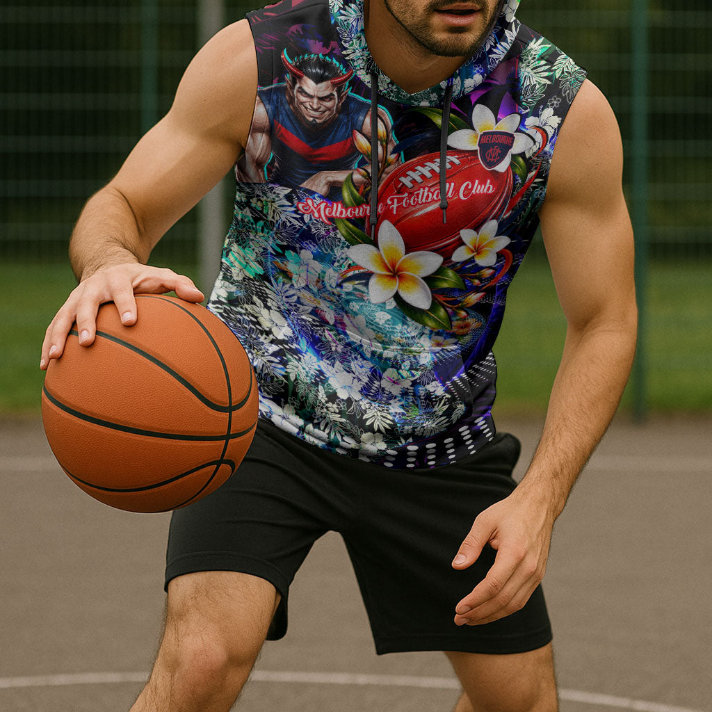 Personalized Melbourne Football Demons Sleeveless Hoodie Tropical Hibiscus Flowers - Pacific Fusion Style