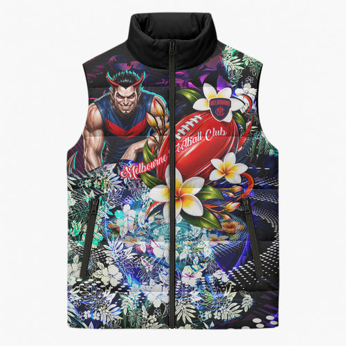 Personalized Melbourne Football Demons Sleeveless Puffer Jacket Tropical Hibiscus Flowers - Pacific Fusion Style