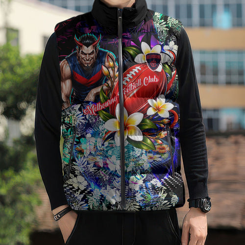 Personalized Melbourne Football Demons Sleeveless Puffer Jacket Tropical Hibiscus Flowers - Pacific Fusion Style