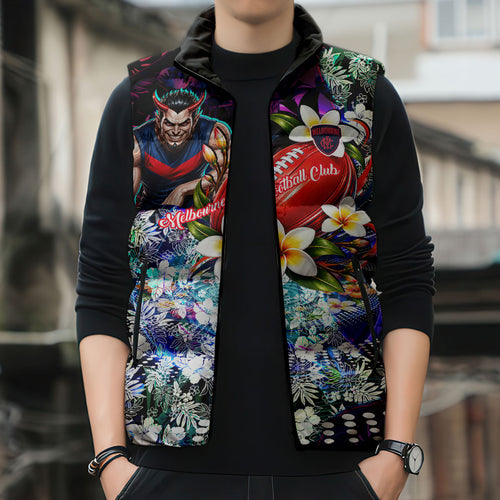 Personalized Melbourne Football Demons Sleeveless Puffer Jacket Tropical Hibiscus Flowers - Pacific Fusion Style