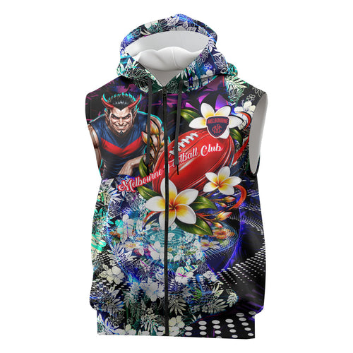 Personalized Melbourne Football Demons Sleeveless Zip Hoodie Tropical Hibiscus Flowers - Pacific Fusion Style