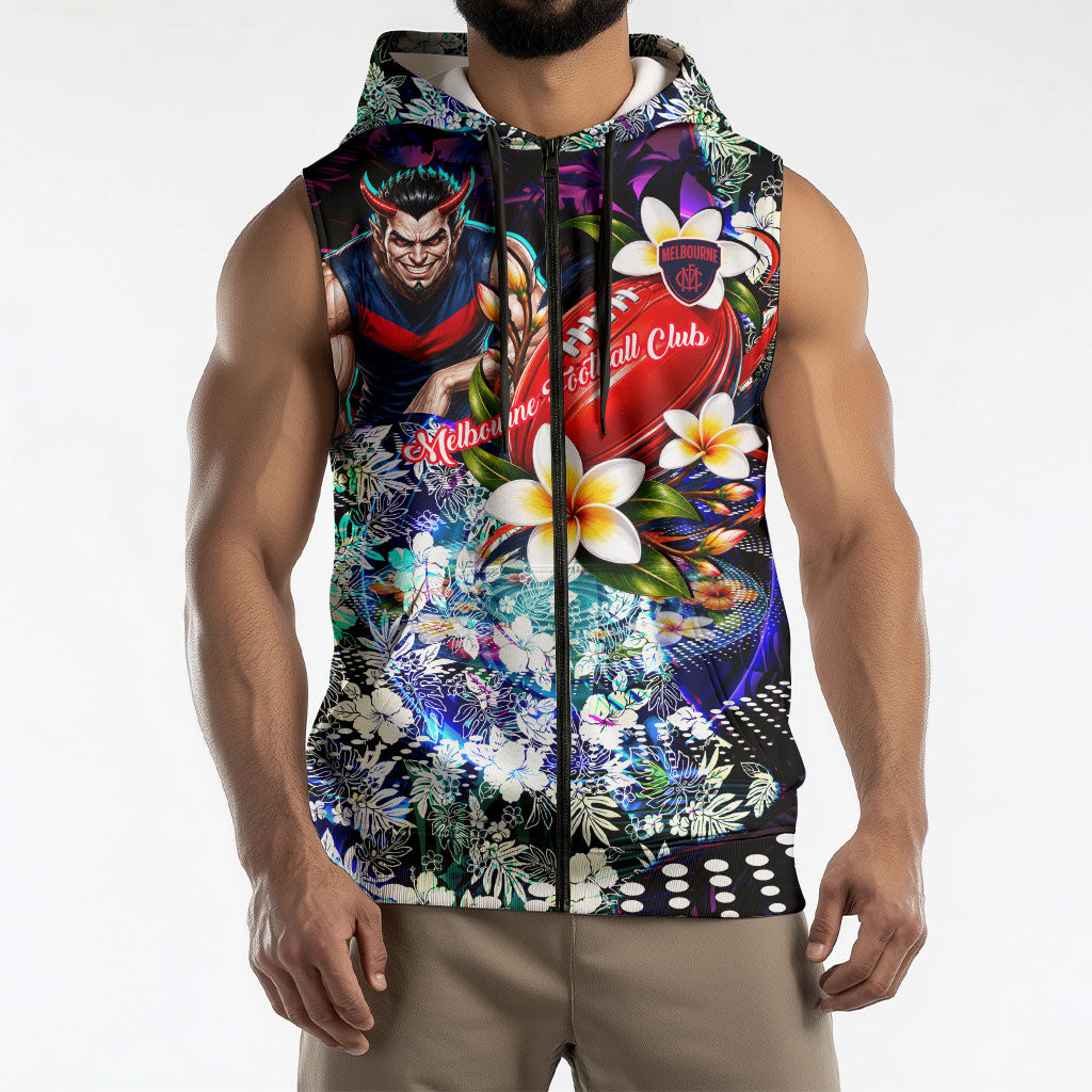 Personalized Melbourne Football Demons Sleeveless Zip Hoodie Tropical Hibiscus Flowers - Pacific Fusion Style