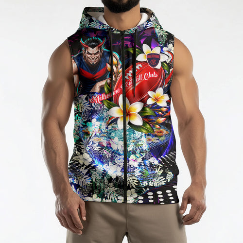 Personalized Melbourne Football Demons Sleeveless Zip Hoodie Tropical Hibiscus Flowers - Pacific Fusion Style
