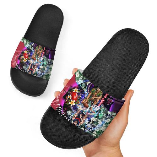 Personalized Melbourne Football Demons Slide Sandals Tropical Hibiscus Flowers - Pacific Fusion Style