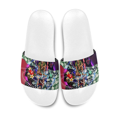 Personalized Melbourne Football Demons Slide Sandals Tropical Hibiscus Flowers - Pacific Fusion Style