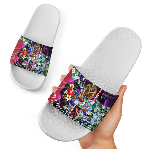 Personalized Melbourne Football Demons Slide Sandals Tropical Hibiscus Flowers - Pacific Fusion Style
